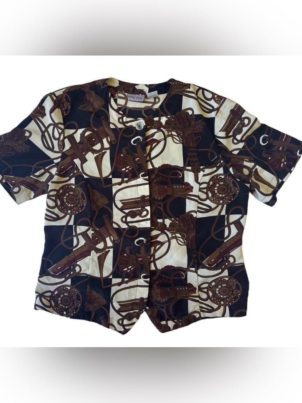Vintage Unique Print Short-Sleeve Blouse - Brown/Black/Cream